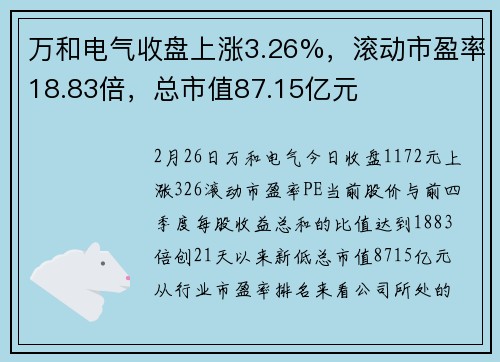 万和电气收盘上涨3.26%，滚动市盈率18.83倍，总市值87.15亿元