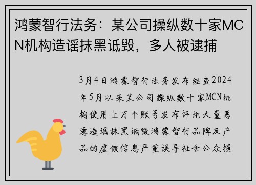 鸿蒙智行法务：某公司操纵数十家MCN机构造谣抹黑诋毁，多人被逮捕