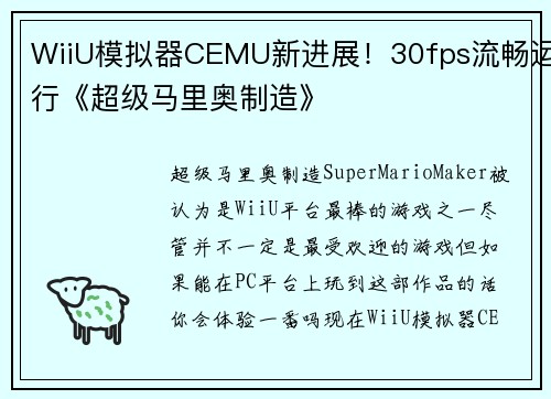 WiiU模拟器CEMU新进展！30fps流畅运行《超级马里奥制造》