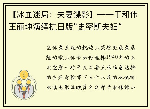 【冰血迷局：夫妻谍影】——于和伟王丽坤演绎抗日版“史密斯夫妇“