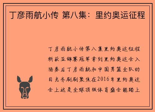 丁彦雨航小传 第八集：里约奥运征程