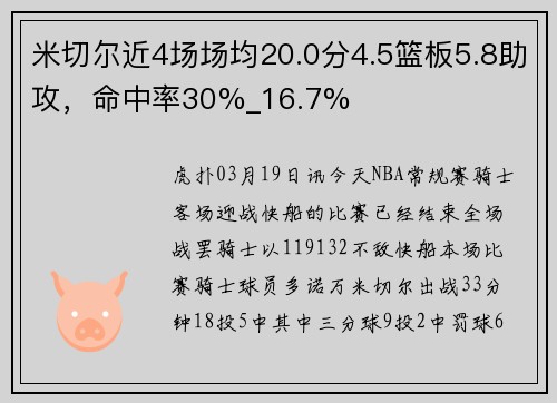 米切尔近4场场均20.0分4.5篮板5.8助攻，命中率30%_16.7%