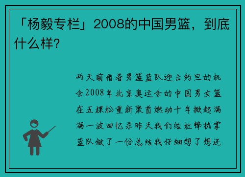 「杨毅专栏」2008的中国男篮，到底什么样？